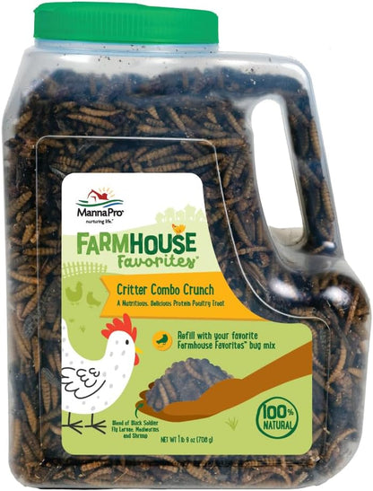 Manna Pro Farmhouse Favorites Critter Combo Crunch front view premium poultry treat container