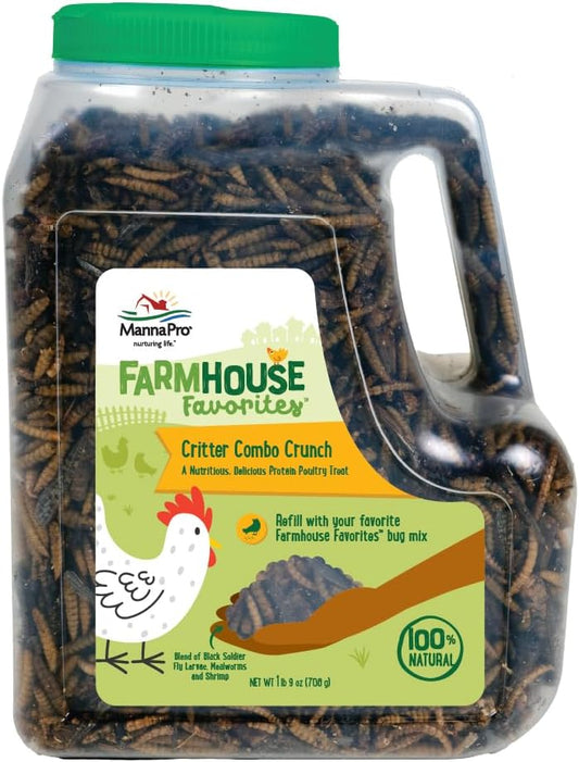 Manna Pro Farmhouse Favorites Critter Combo Crunch front view premium poultry treat container