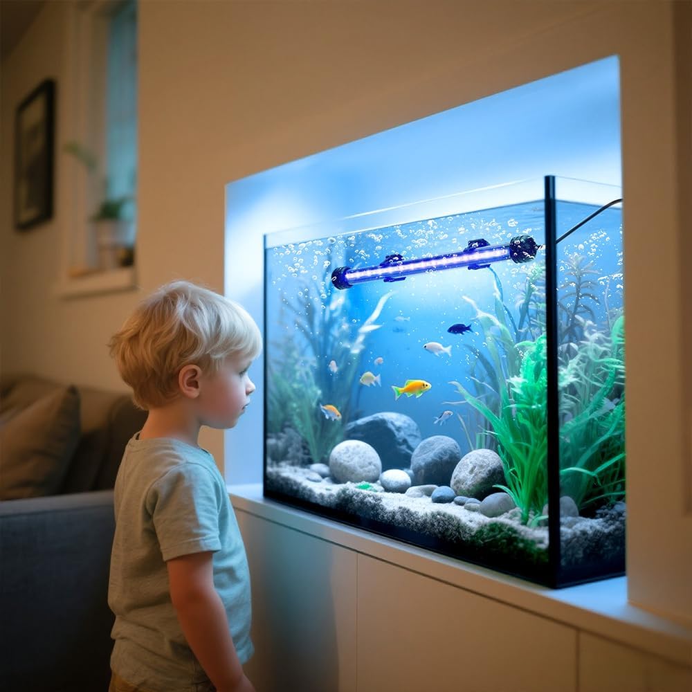 A vibrant freshwater aquarium illuminated beautifully by the Novique combined blue and white light spectrum mode.