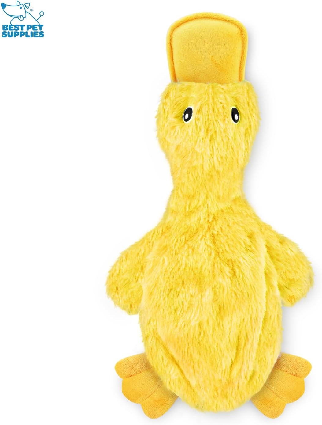 Stuffingless yellow duck pet toy showing reinforced double stitching details