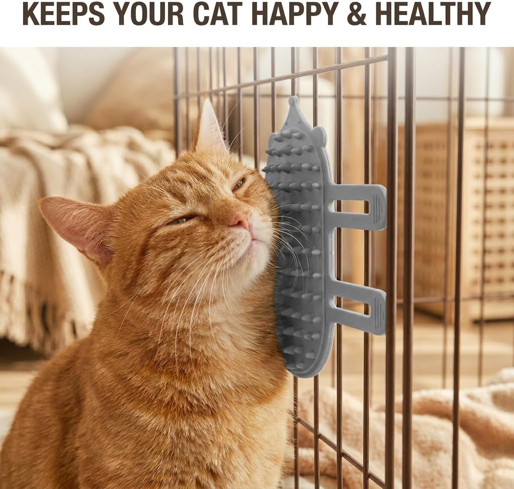 Side view of cat face scratcher brush with adjustable straps for table legs.