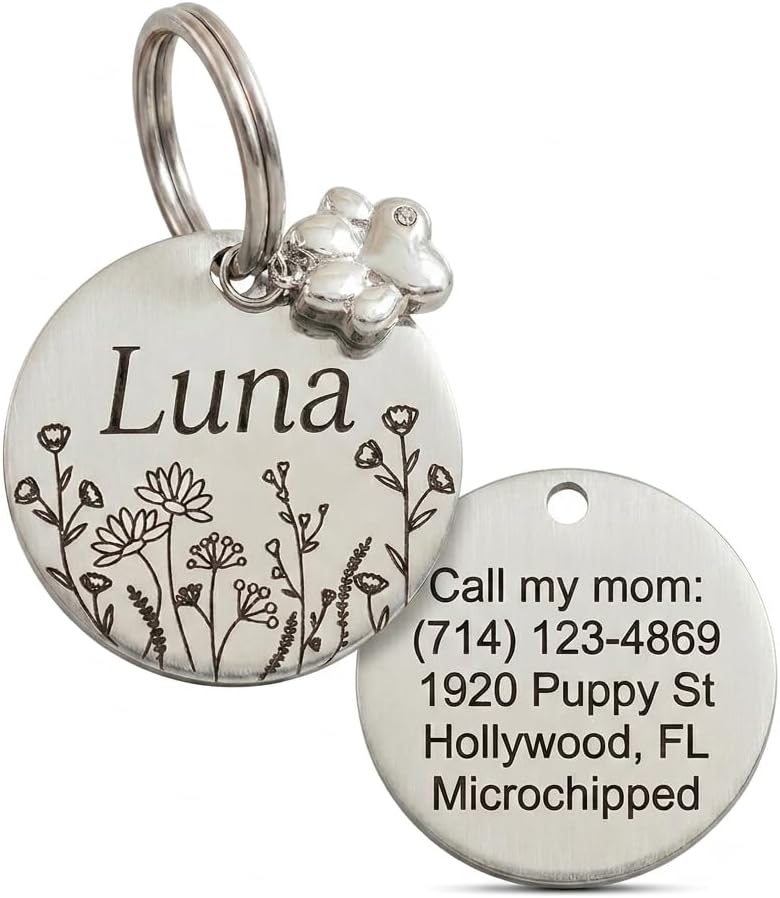 MiauCraft personalized stainless steel pet ID tag front view with floral design