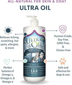 Ultra Oil pet skin and coat supplement packaging highlighting non GMO hemp and fish oil benefits for itchy skin relief.