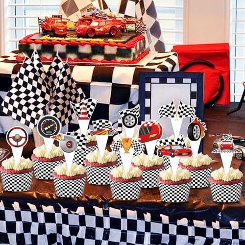 Variety of racing elements and car shapes included in Hxezoc cupcake set