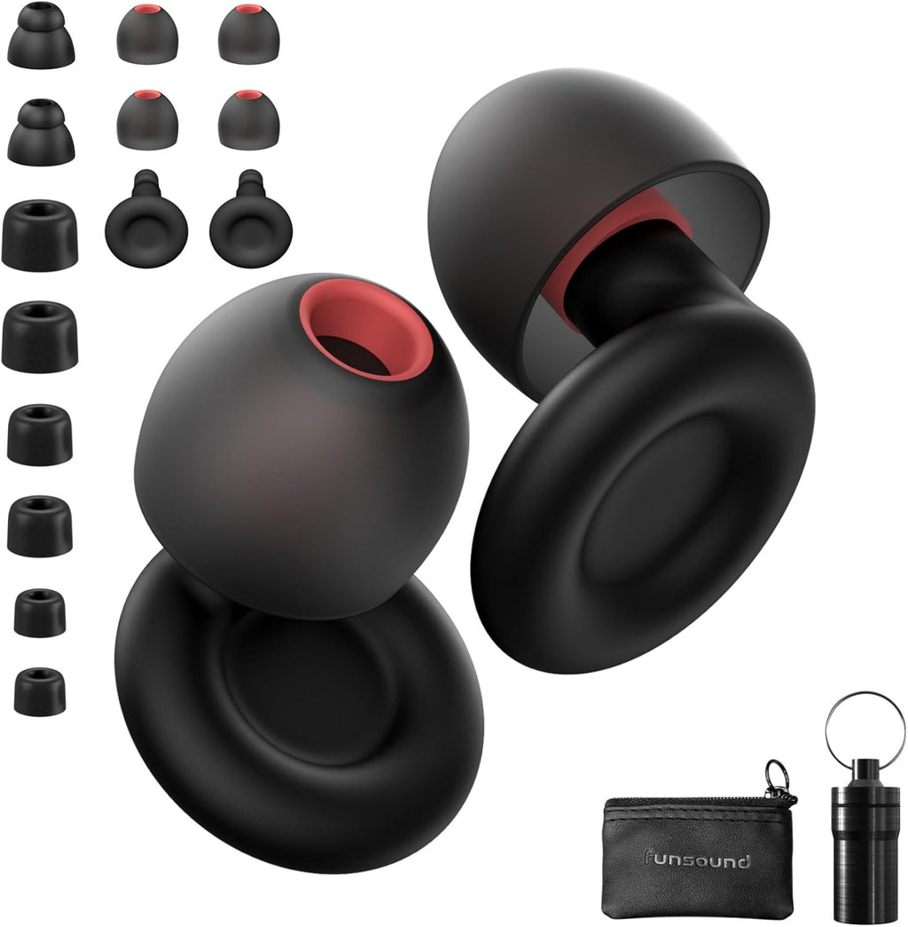 Funsound reusable noise reduction ear plugs front view showing black and red design