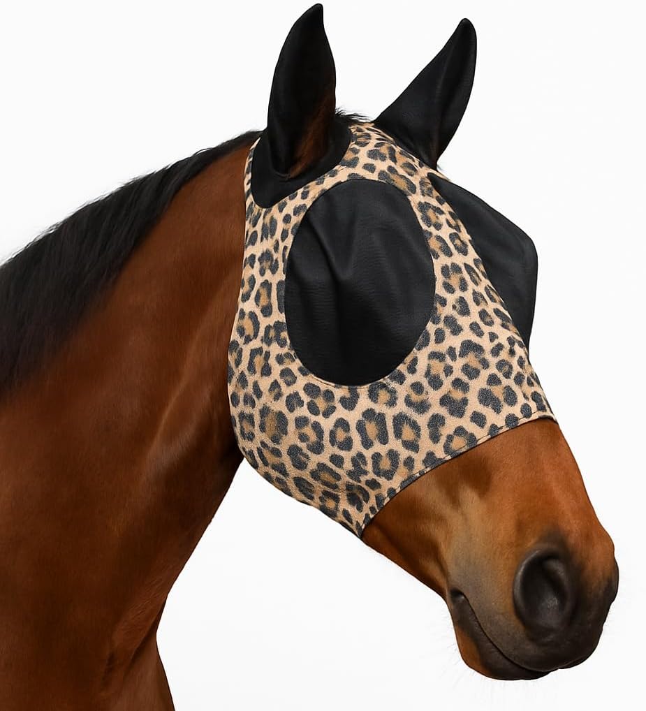 Prairie Horse Supply stretchable leopard print equine fly mask front view
