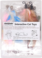 Twelve individual colorful feather cat toy accessories arranged neatly in rows.