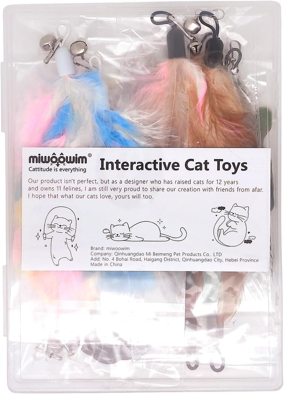 Twelve individual colorful feather cat toy accessories arranged neatly in rows.