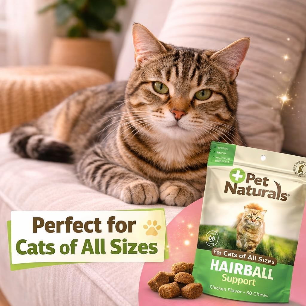 Vet-formulated cat shedding control chews with clear psyllium husk and zinc product facts.