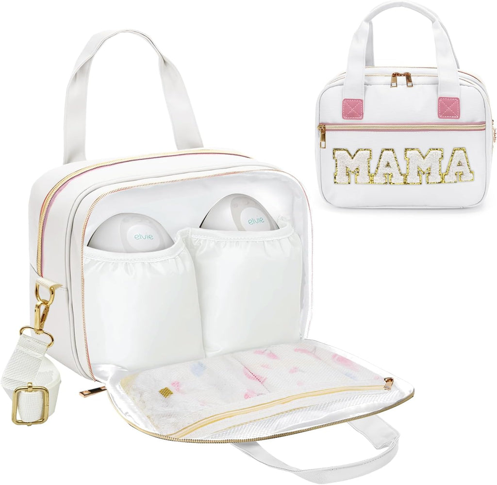 Rain Bunny wearable breast pump bag front view in elegant white with mama chenille lettering.