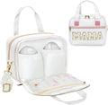 Rain Bunny wearable breast pump bag front view in elegant white with mama chenille lettering.