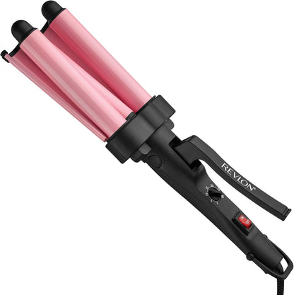 Revlon 3 Barrel Jumbo Hair Waver front view showcasing the pink triple barrel design