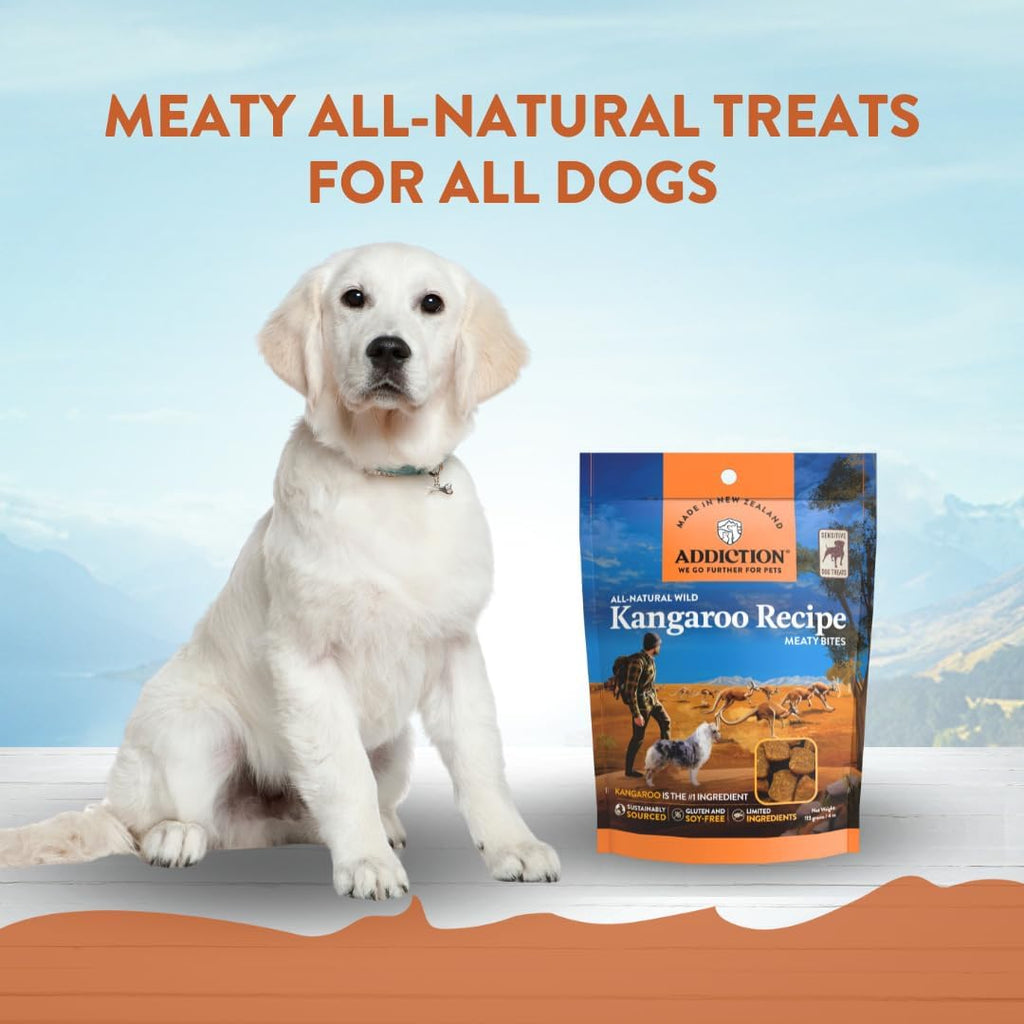 Addiction Meaty Bites Kangaroo Dog Treats package for sensitive skin rewards