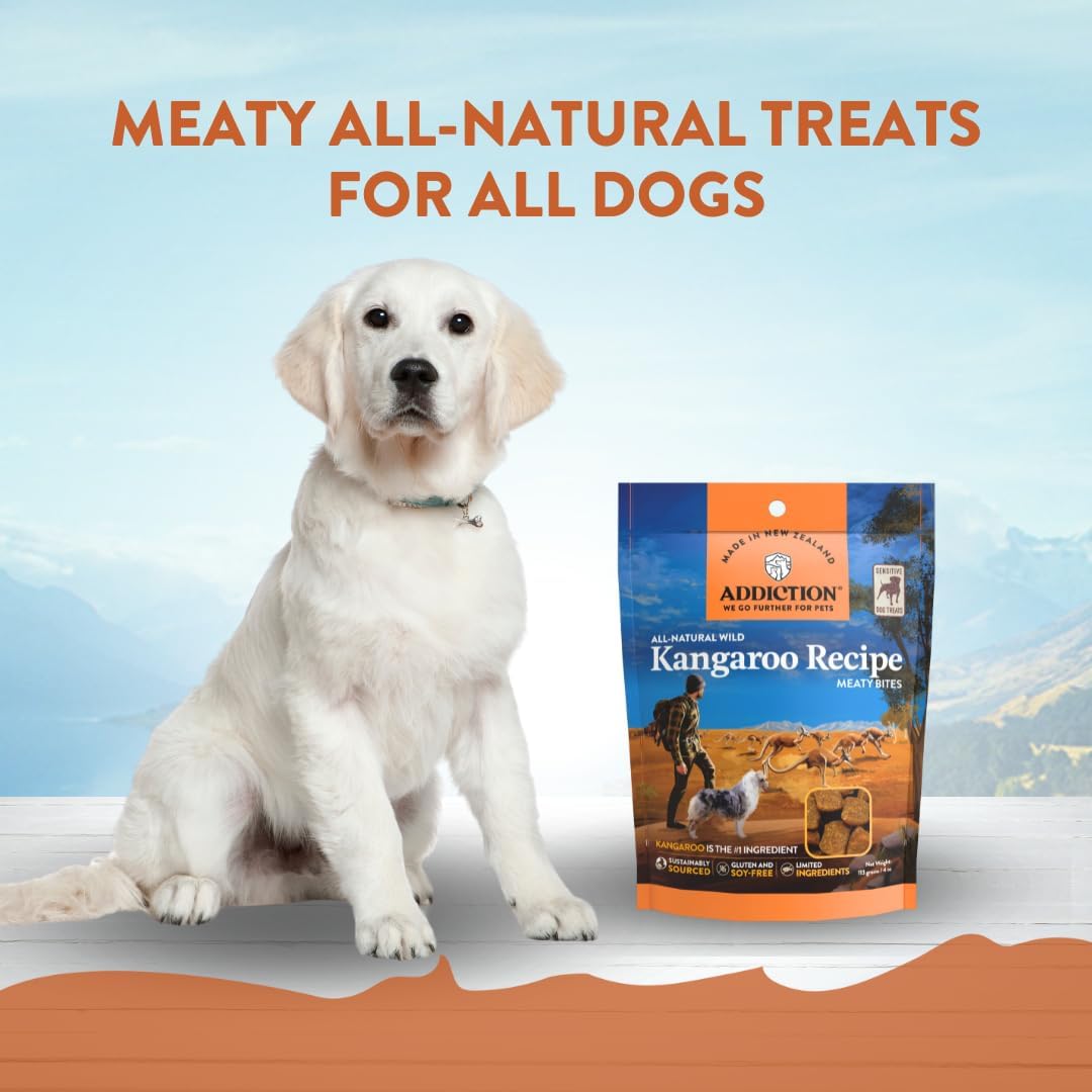 Addiction Meaty Bites Kangaroo Dog Treats package for sensitive skin rewards