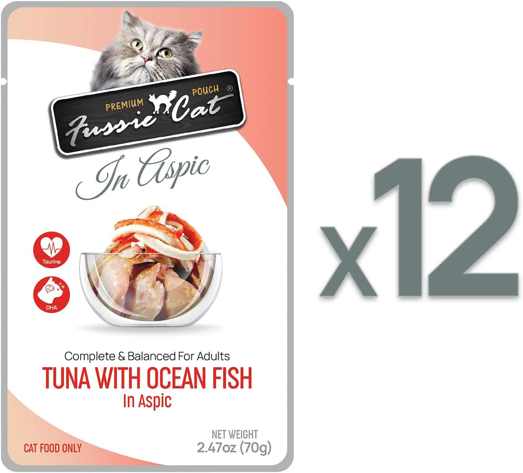Fussie Cat grain free wet cat food pouch featuring premium tuna and ocean fish ingredients