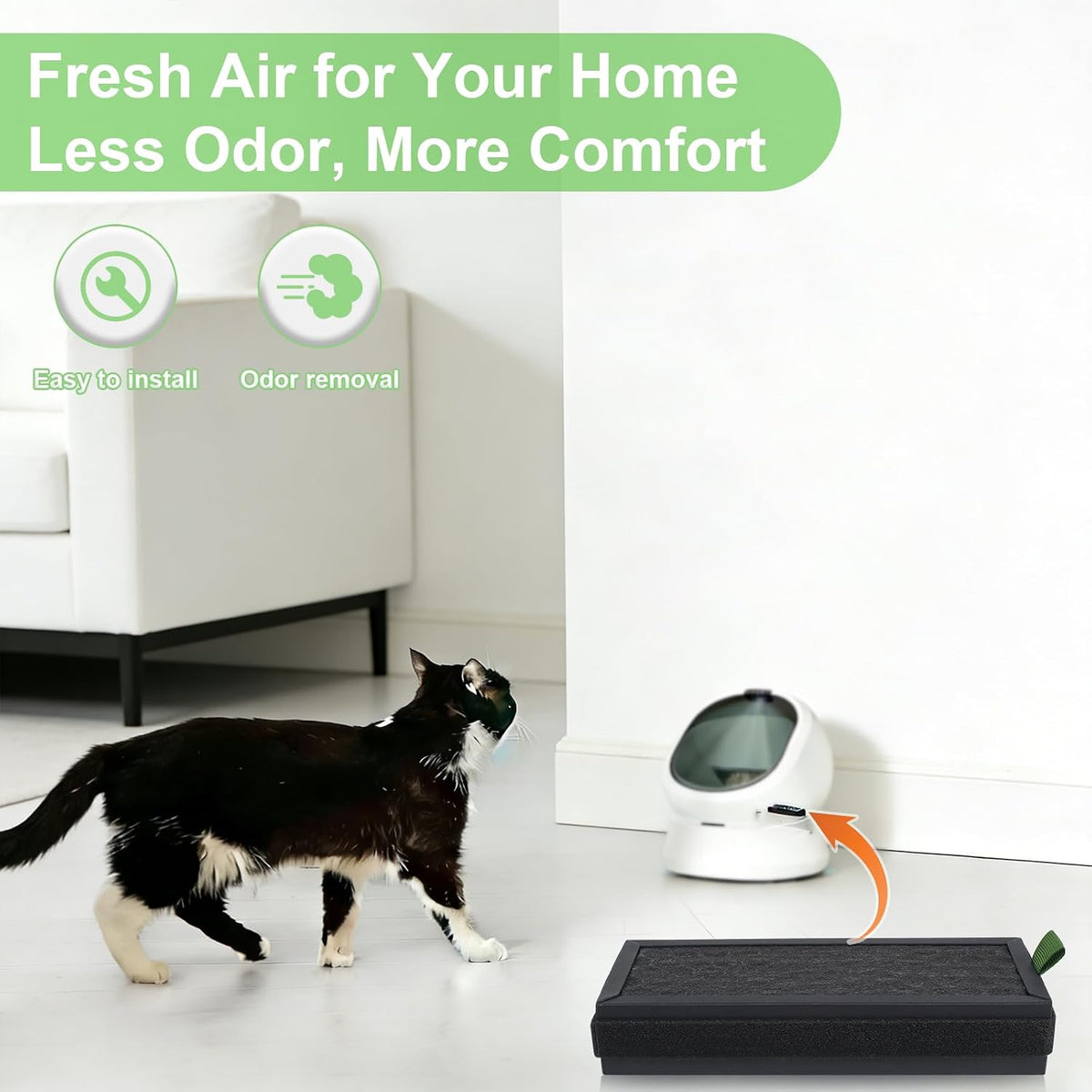 Pet safety approved replacement deodorizer cartridge for smart cat appliances.