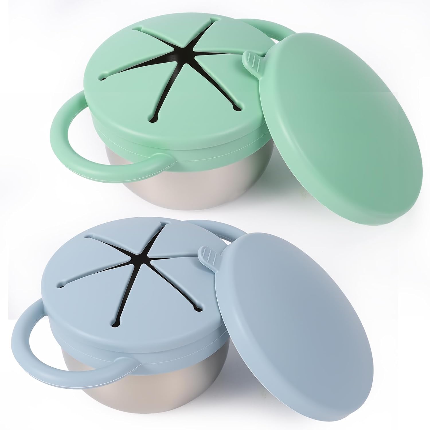 Solinfant stainless steel spill proof snack cups front view