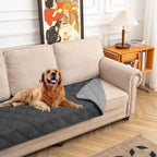 Fuguitex waterproof dog blanket front view featuring the quilted dark grey leakproof texture protecting an indoor couch.