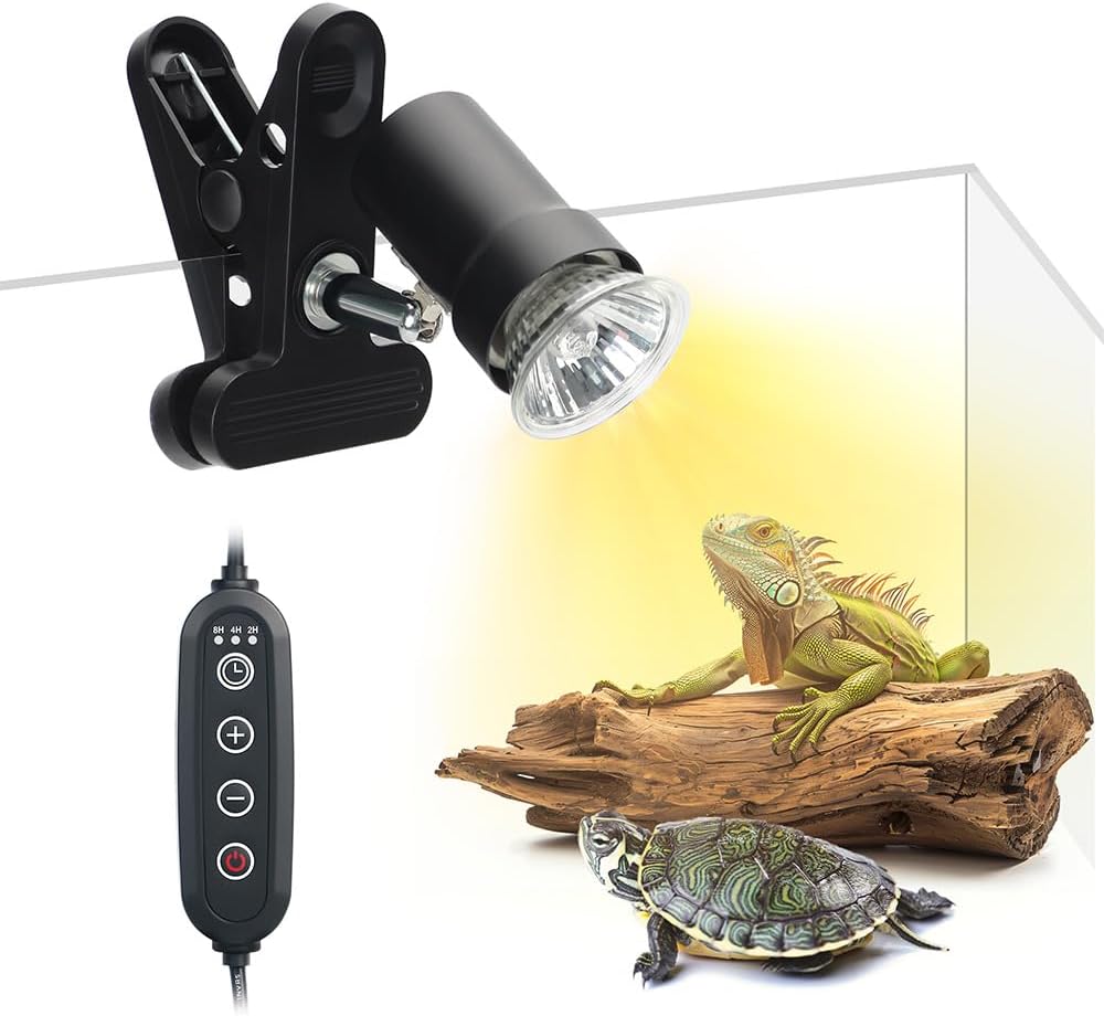 Packaging view of the Rizopets reptile heat lamp with included basking bulb.