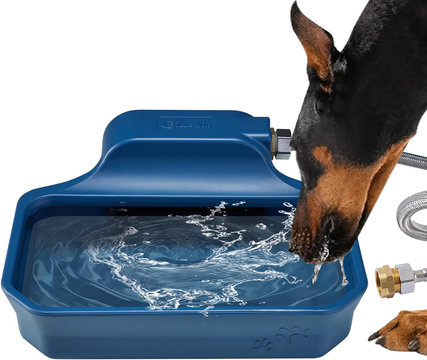 PETIMI Automatic Dog Water Bowl Dispenser front view showing blue one gallon basin
