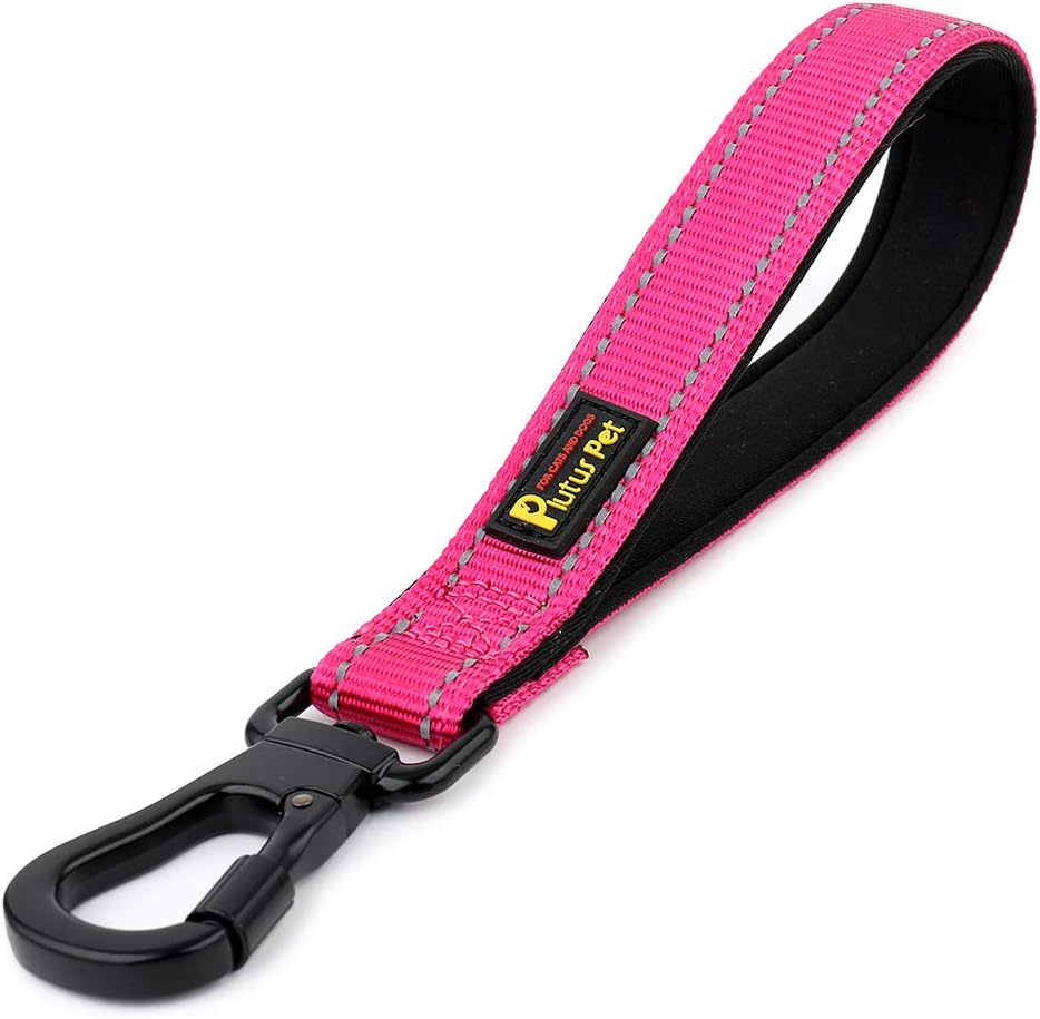 Plutus Pet 10 Inch Short Dog Leash pink front view showing locking carabiner clip.