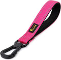 Plutus Pet 10 Inch Short Dog Leash pink front view showing locking carabiner clip.