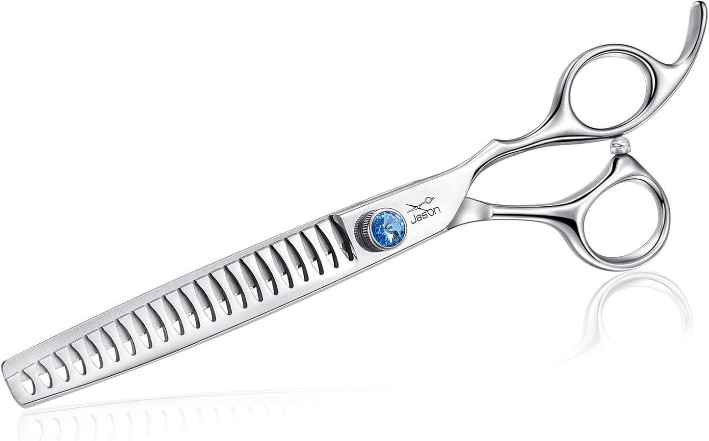 JASON 50 teeth blending scissor highlighting the adjustable tension dial.