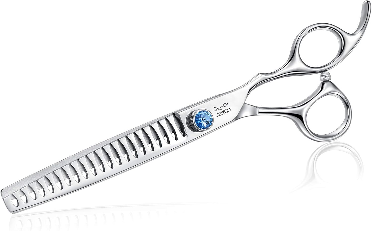 JASON 50 teeth blending scissor highlighting the adjustable tension dial.