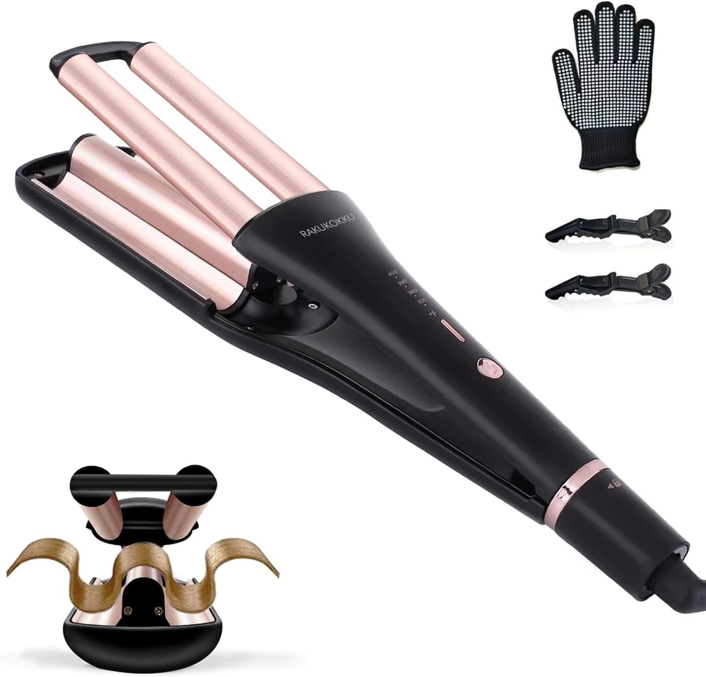 RAKUKOKKU 4 in 1 Hair Crimper and deep waver tool front view showing gold ceramic barrels.