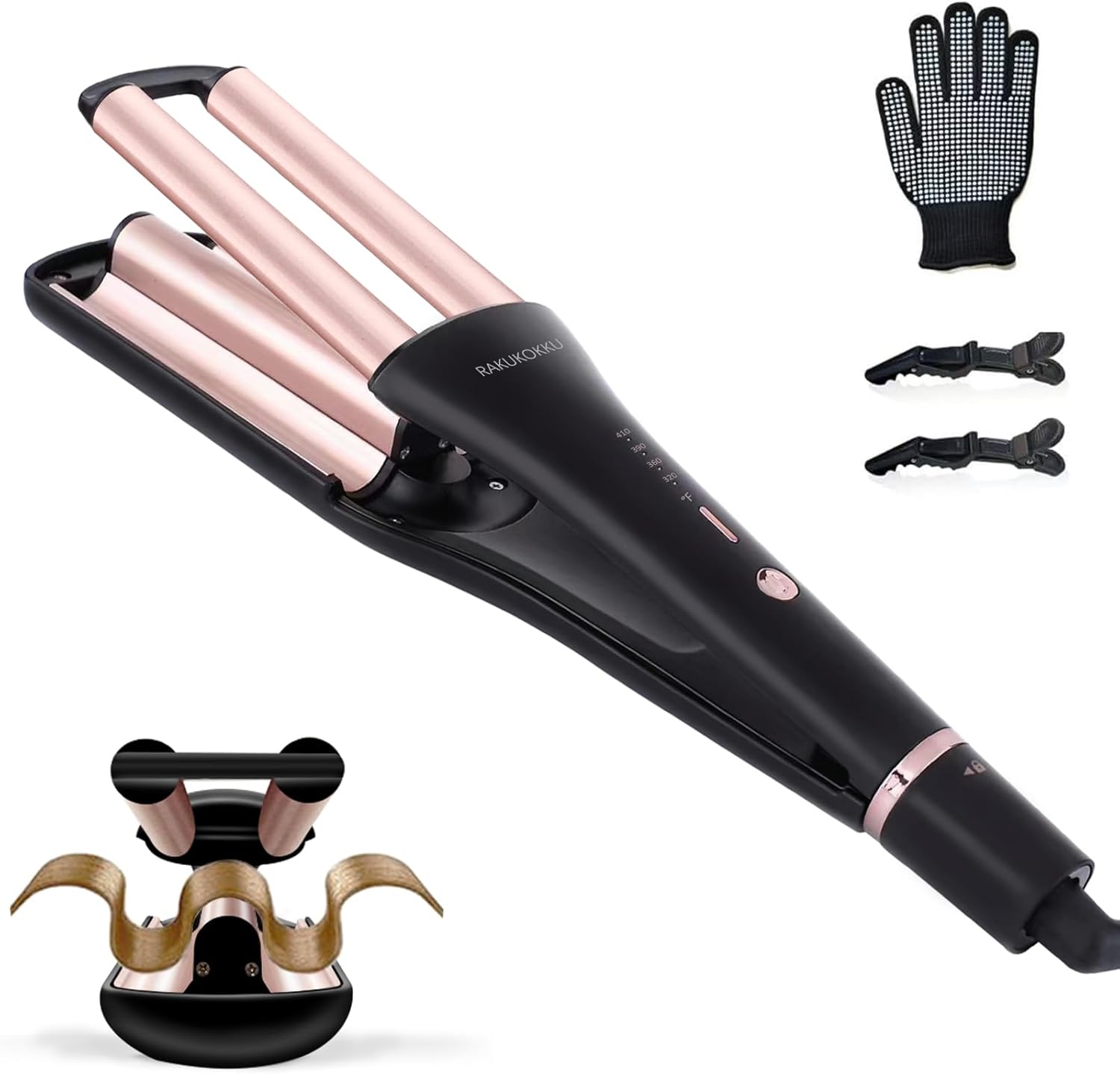 RAKUKOKKU 4 in 1 Hair Crimper and deep waver tool front view showing gold ceramic barrels.