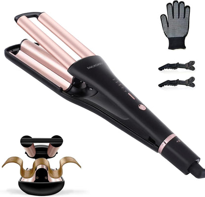 RAKUKOKKU 4 in 1 Hair Crimper and deep waver tool front view showing gold ceramic barrels.
