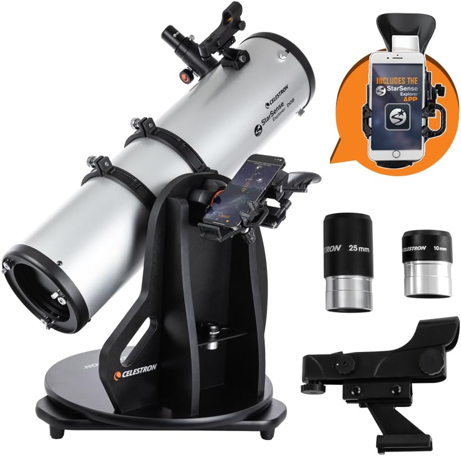 Celestron StarSense Explorer 150mm Tabletop Dobsonian Telescope front view on flat surface