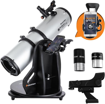 Celestron StarSense Explorer 150mm Tabletop Dobsonian Telescope front view on flat surface