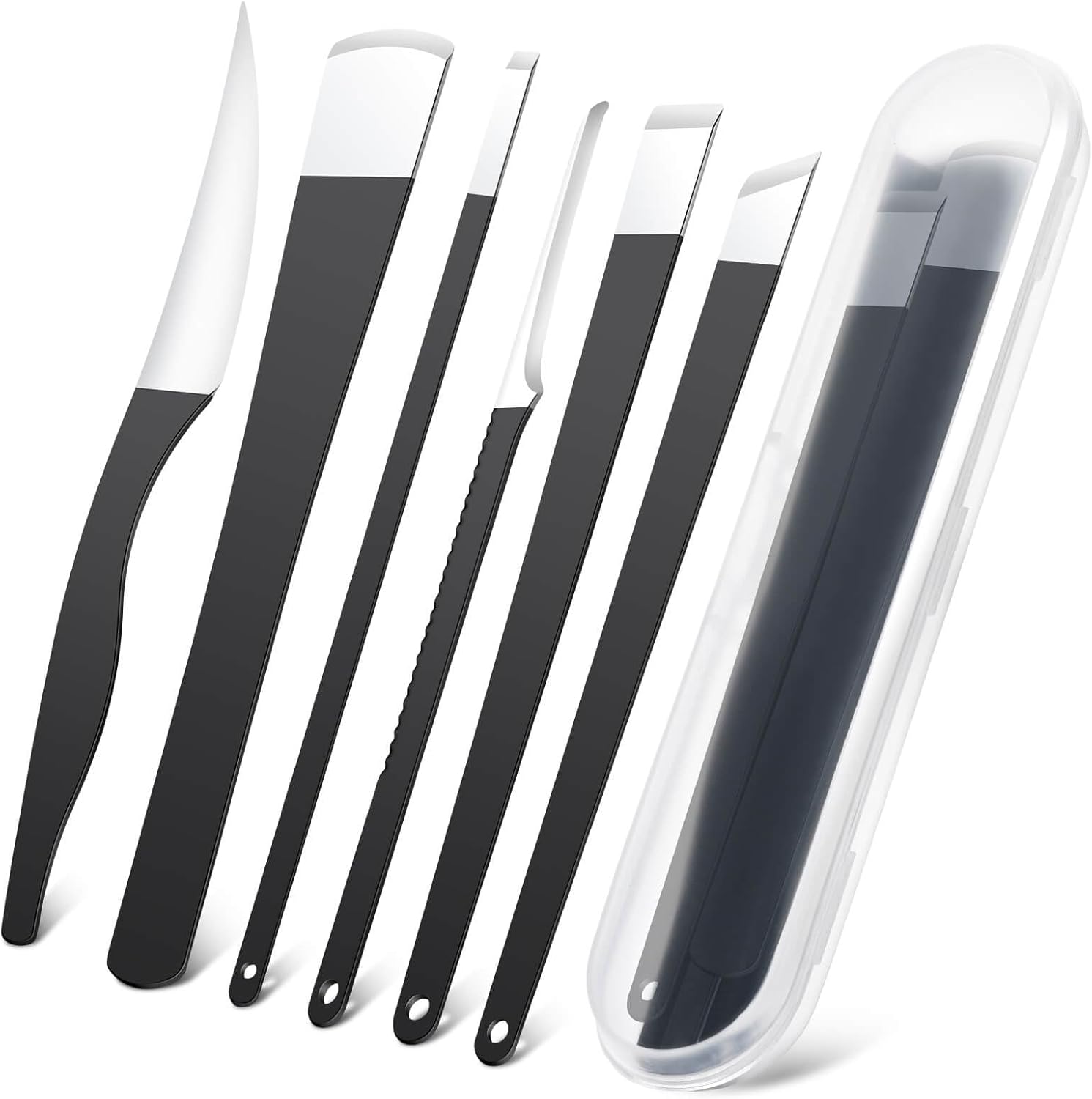 Cakvank 6 Piece Pedicure Knife Set front view showing premium black non slip handles in a storage box