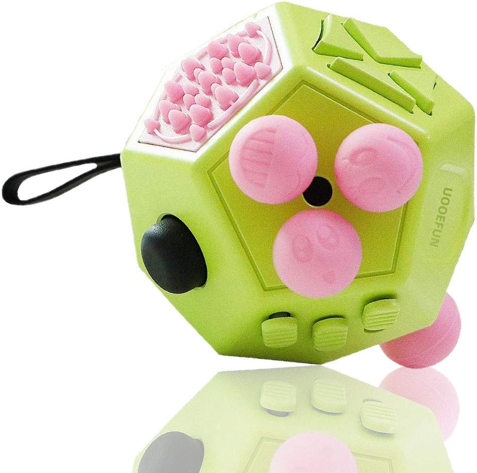 UOOEFUN twelve sided fidget cube toy front view in green and pink color combination