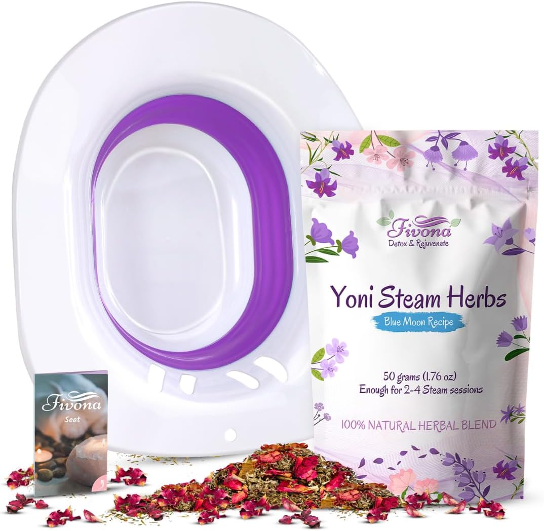 Fivona 2-in-1 yoni steaming kit front view with blue seat and herbal pouch
