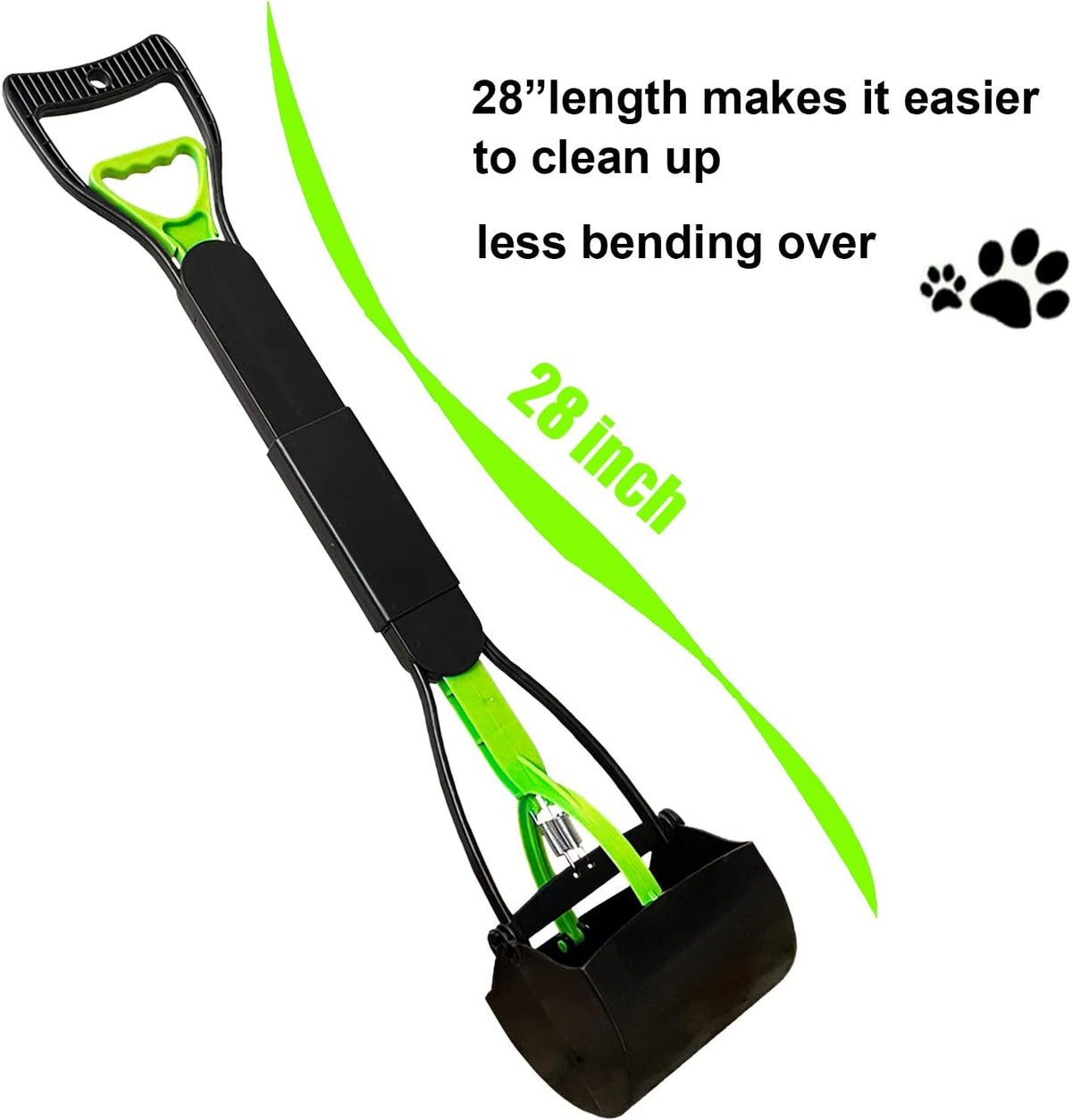 Long handle dog poop scooper being used on backyard grass