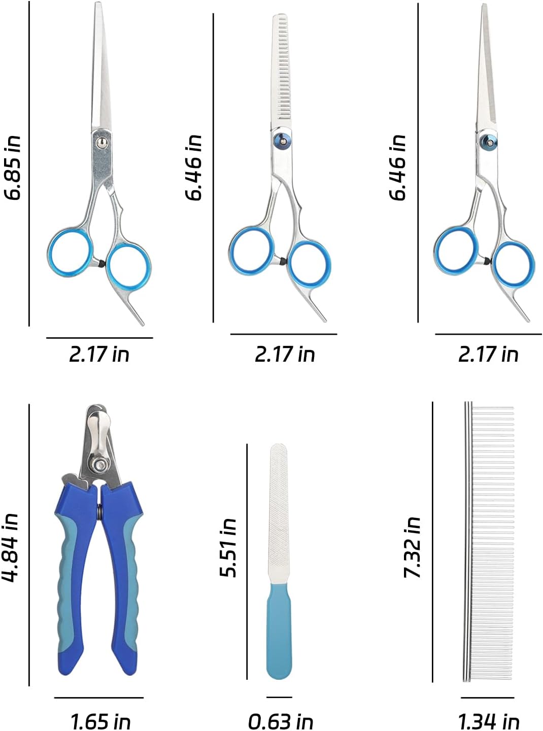 BL Electronics 6 piece pet grooming kit with blue finger rings and nail clippers laid out flat.