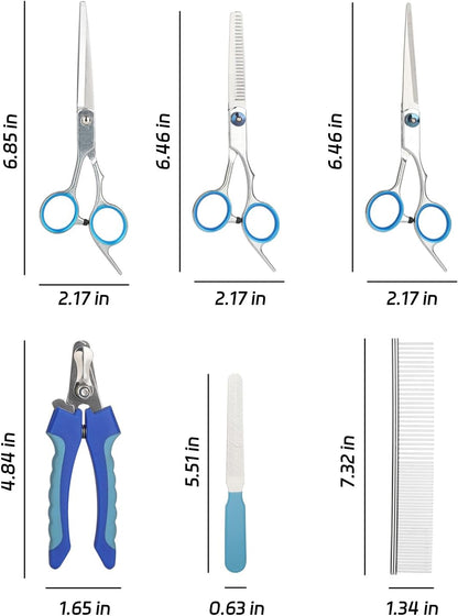 BL Electronics 6 piece pet grooming kit with blue finger rings and nail clippers laid out flat.