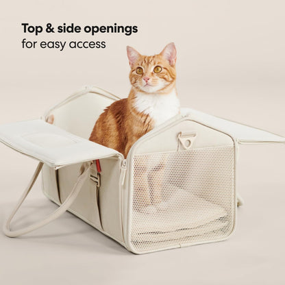 Airline compliant pet travel bag showing top and side zipper entry.