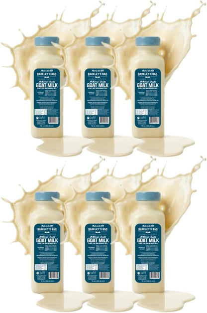 Frozen raw goat milk dog food topper bottle label detail