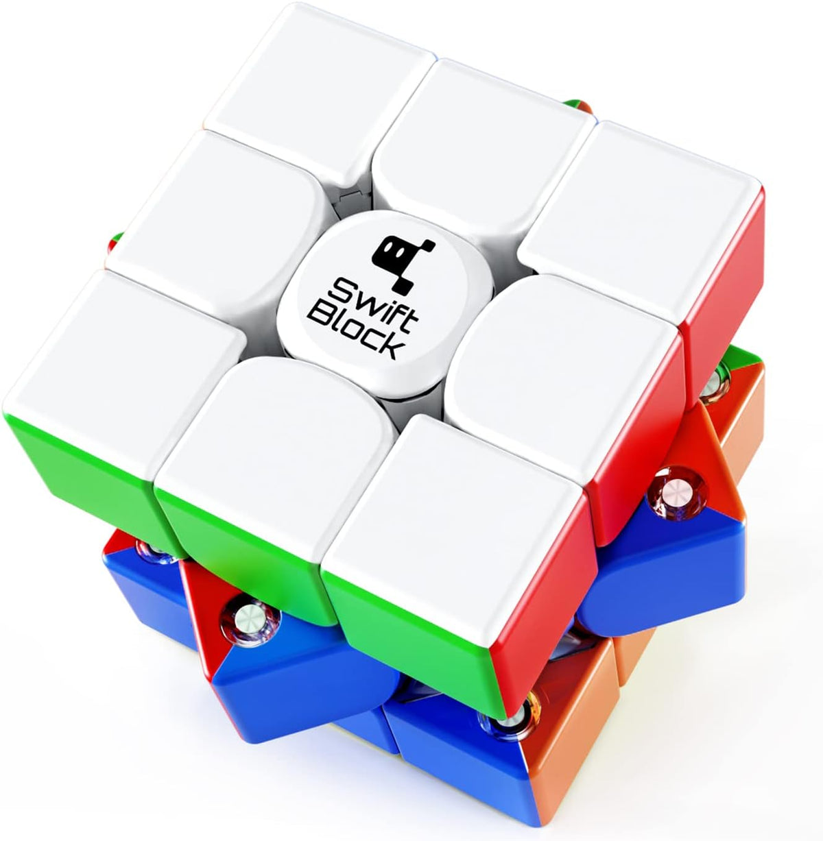 Swift Block 355S Magnetic 3x3 Speed Cube front view showcasing stickerless frosted color puzzle pieces.