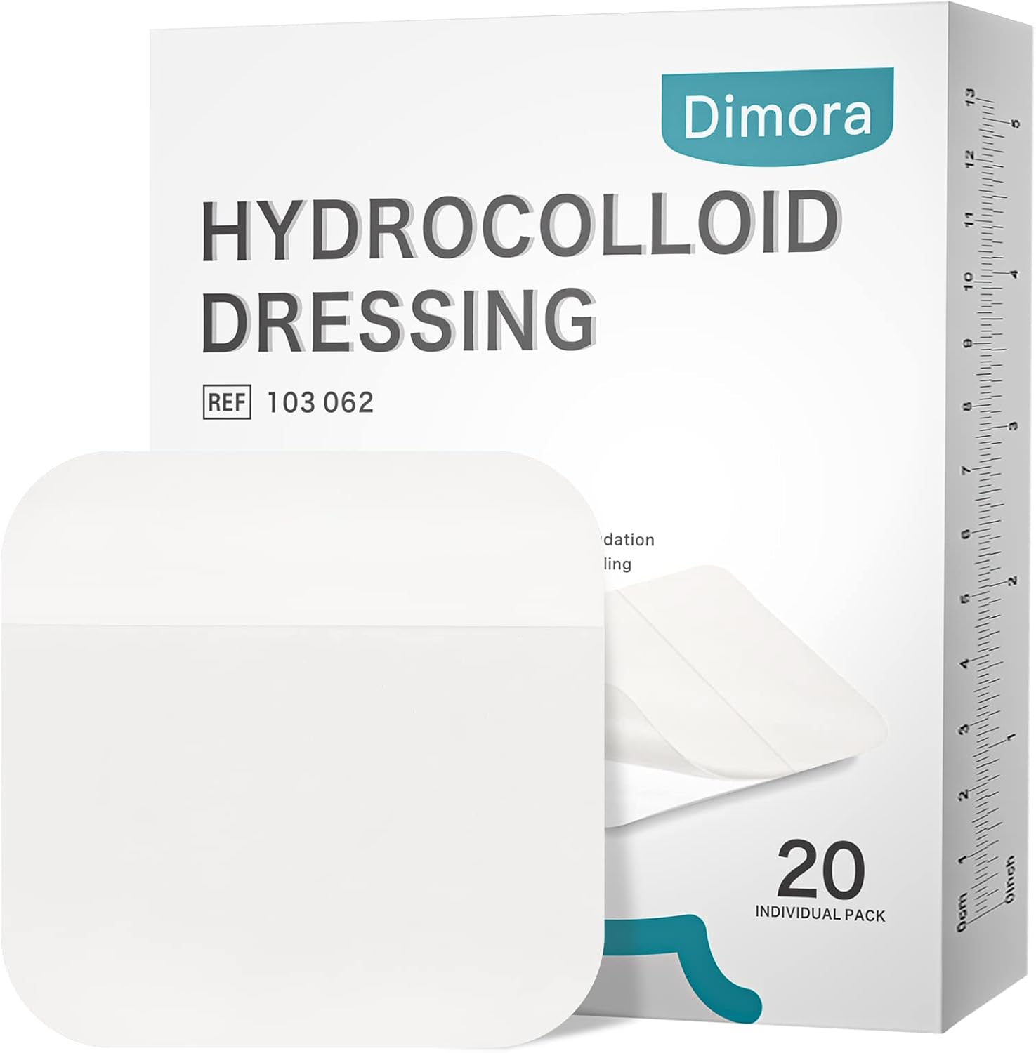 Dimora Hydrocolloid Wound Dressing box front view showing twenty count large patches