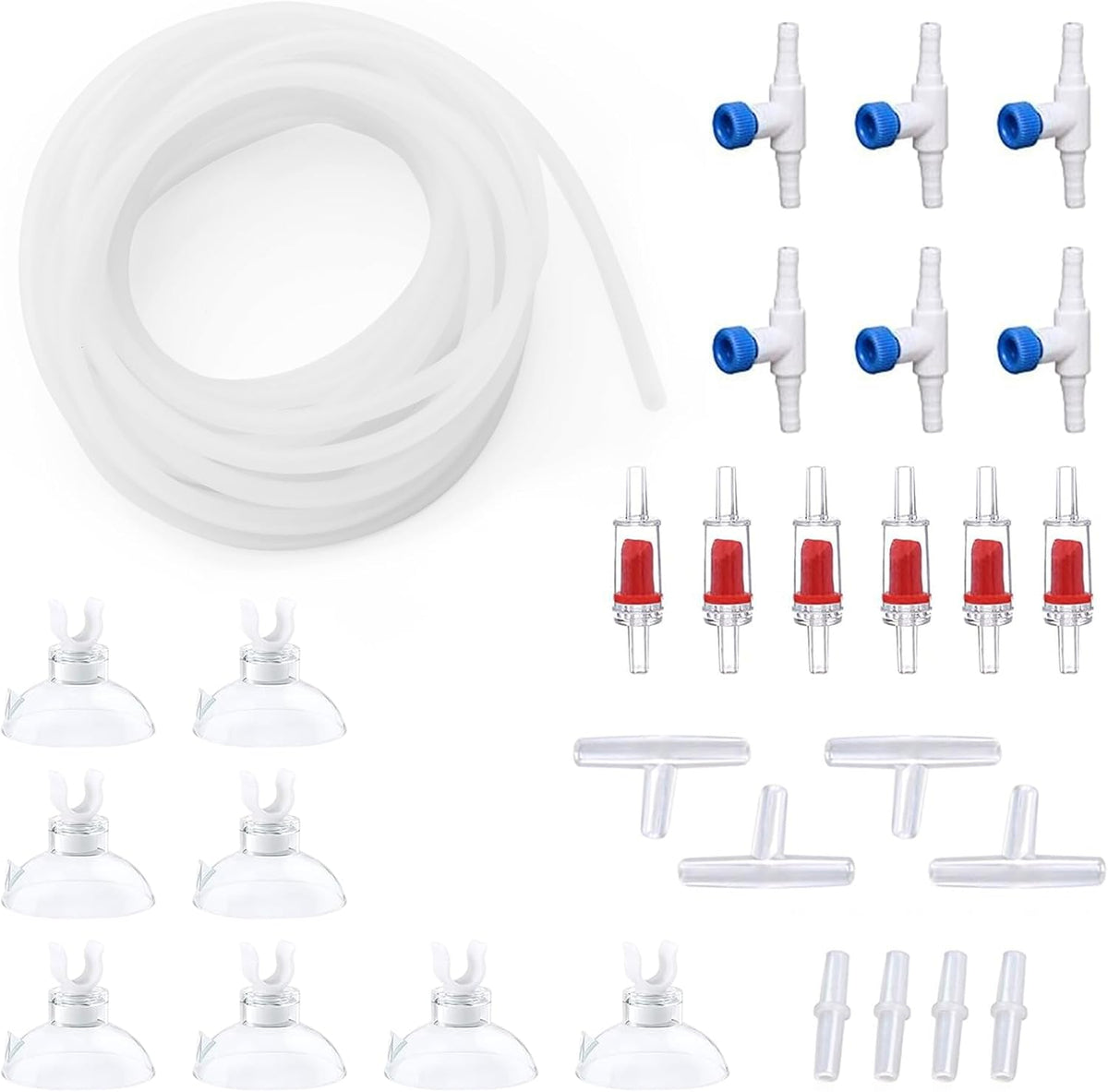 Pewyoke premium aquarium air hose kit front view showing translucent tubing and black accessories.