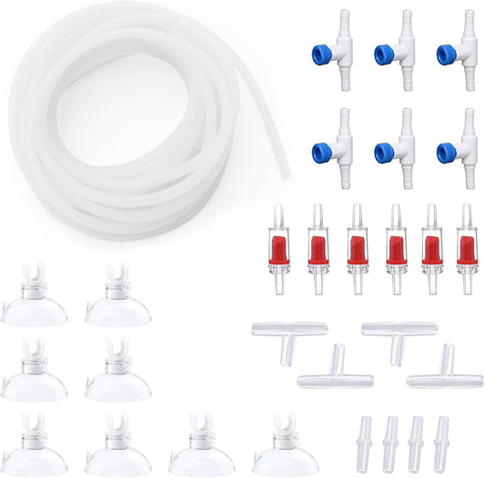 Pewyoke premium aquarium air hose kit front view showing translucent tubing and black accessories.