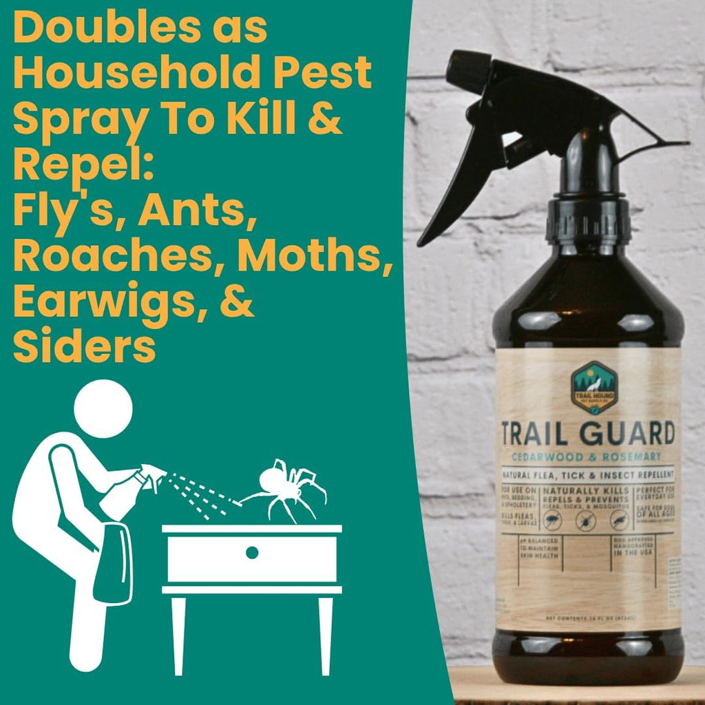 Brand logo and product details on Trail Guard spray bottle