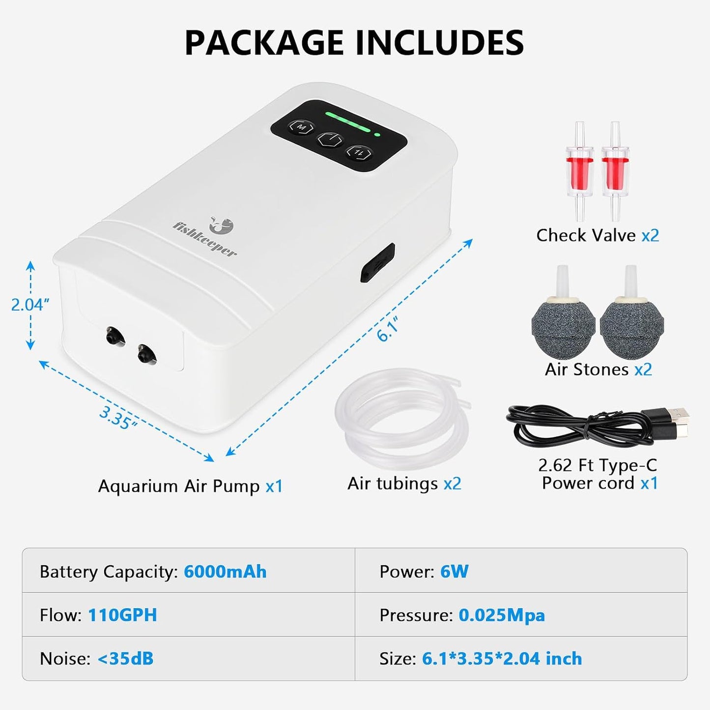 fishkeeper Battery Powered Aquarium Air Pump, USB Rechargeable Aerator Fish Tank Air Pump for 5-125 Gallons Portable Oxygen Pump for Outdoor Fishing, Power Outages and Emergency (4W 80GPH) - Image 9