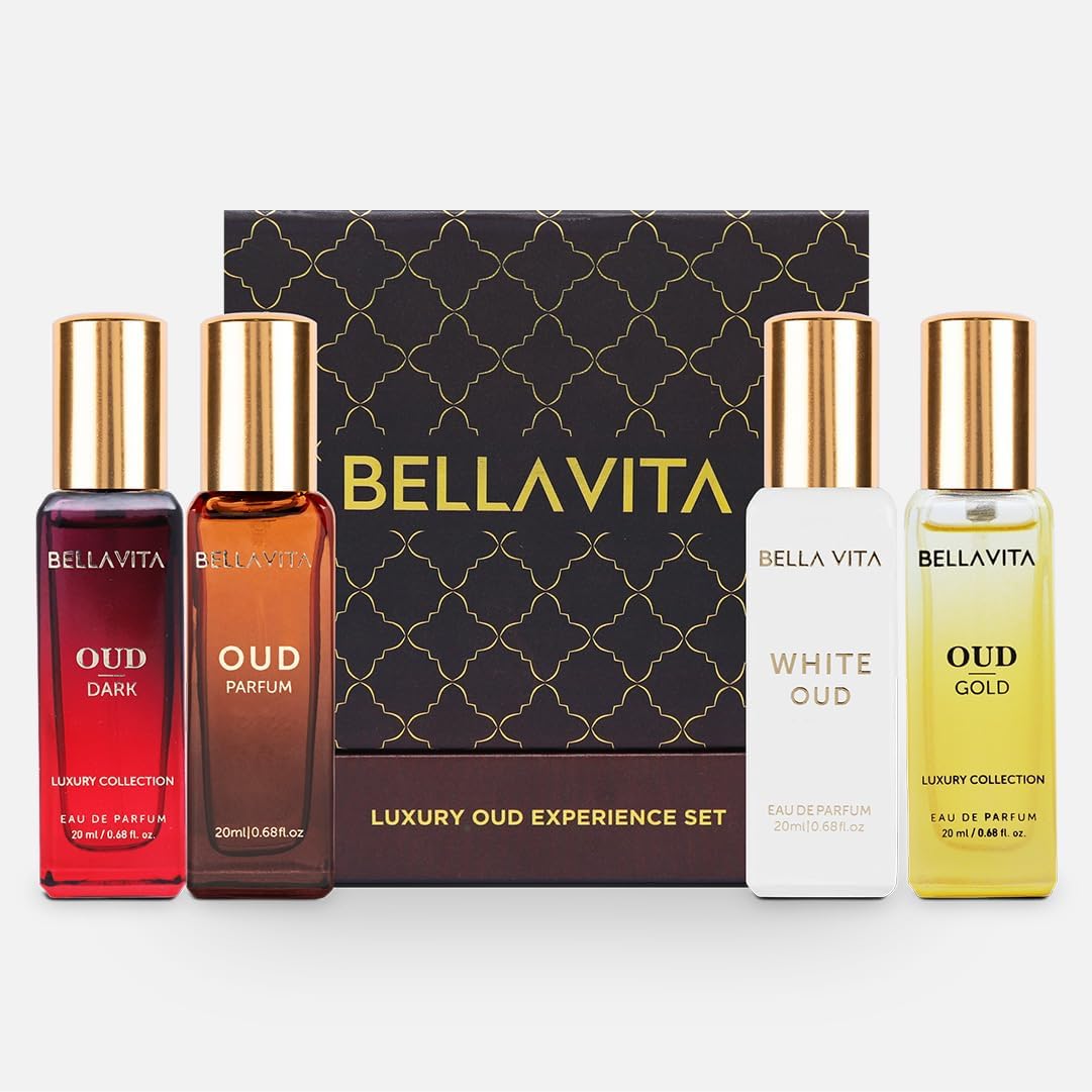 Bella Vita Luxury Oud Experience gift set front view showing four perfume bottles