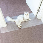 Oroonoko anti scratch under door mat installed on a carpeted doorway to prevent feline claw damage.