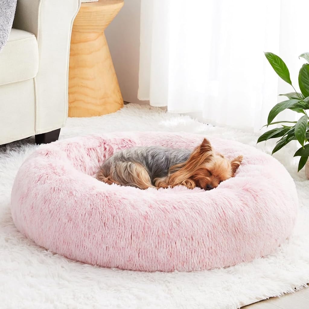 WNPETHOME Calming Dog Bed Cat Bed Donut, Faux Fur Pet Bed Self-Warming Donut Cuddler, Comfortable Round Plush Dog Beds (20 x 20 x 8 Inch, Light Pink) - Image 1